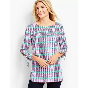 Talbots Colorful Whale-Tail Wavy Print Tie Sleeve Popover Blouse Size M‎